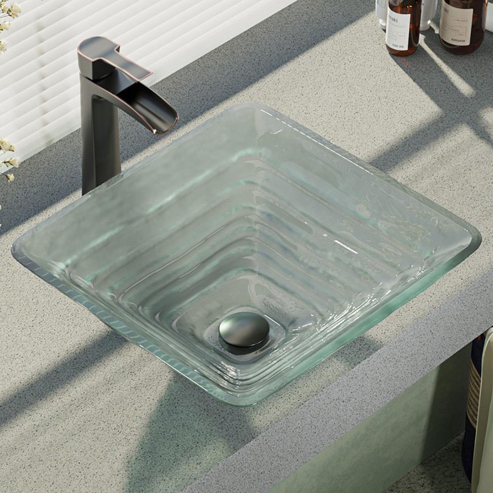 Alternate Image for Rene 17" Square Glass Bathroom Sink, Textured, with Faucet, R5-5004-R9-7007-ABR