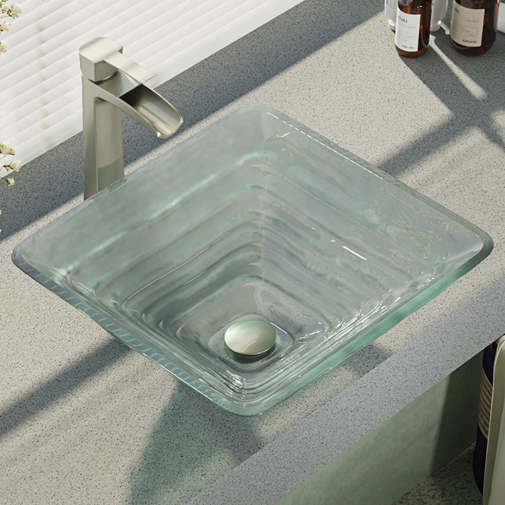 Alternate Image for Rene 17" Square Glass Bathroom Sink, Textured, with Faucet, R5-5004-R9-7007-BN