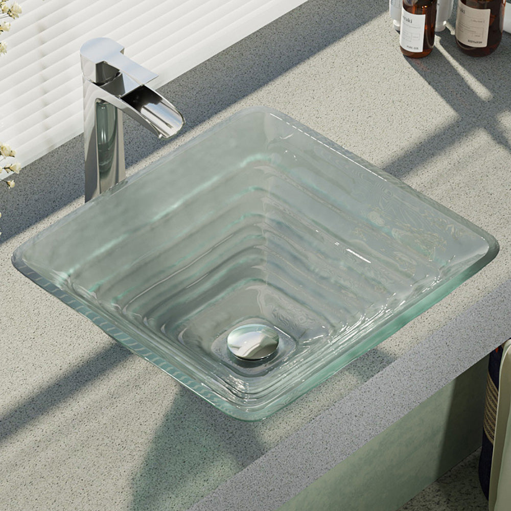 Alternate Image for Rene 17" Square Glass Bathroom Sink, Textured, with Faucet, R5-5004-R9-7007-C
