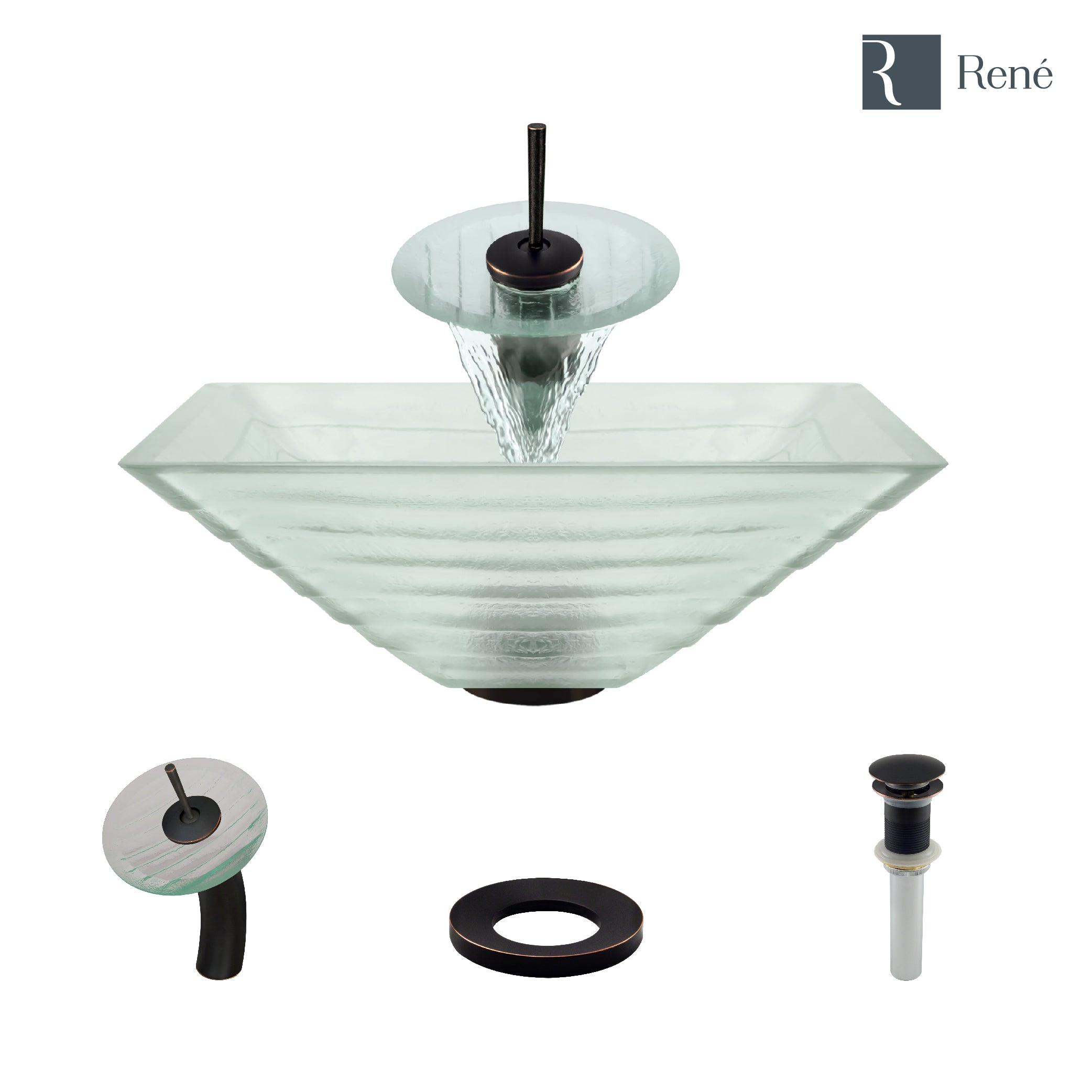 Rene 17" Square Glass Bathroom Sink, Textured, with Faucet, R5-5004-WF-ABR
