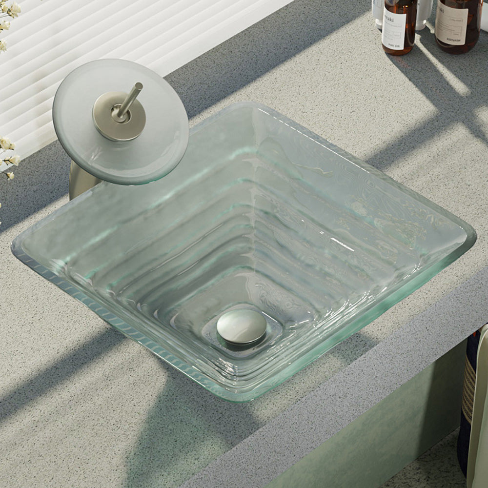 Alternate Image for Rene 17" Square Glass Bathroom Sink, Textured, with Faucet, R5-5004-WF-BN
