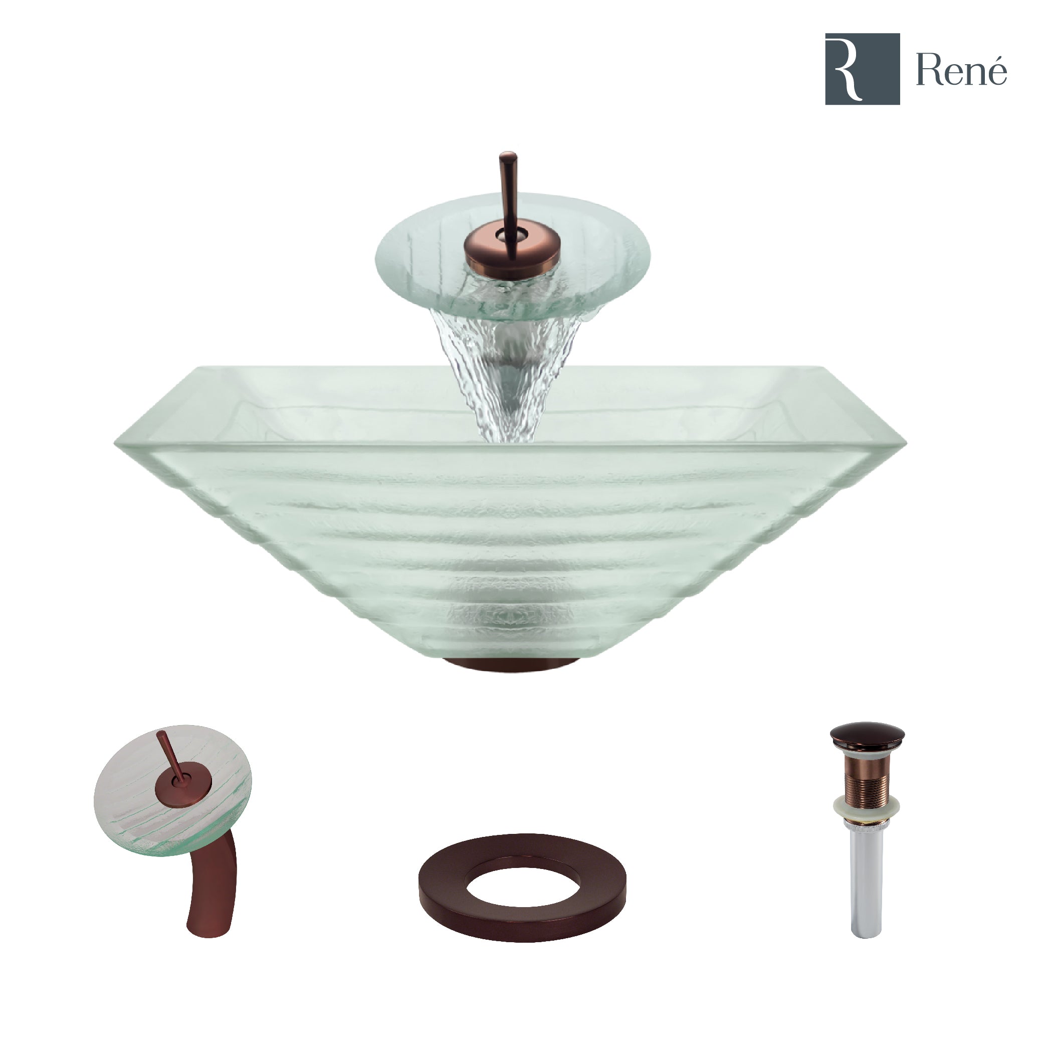 Rene 17" Square Glass Bathroom Sink, Textured, with Faucet, R5-5004-WF-ORB