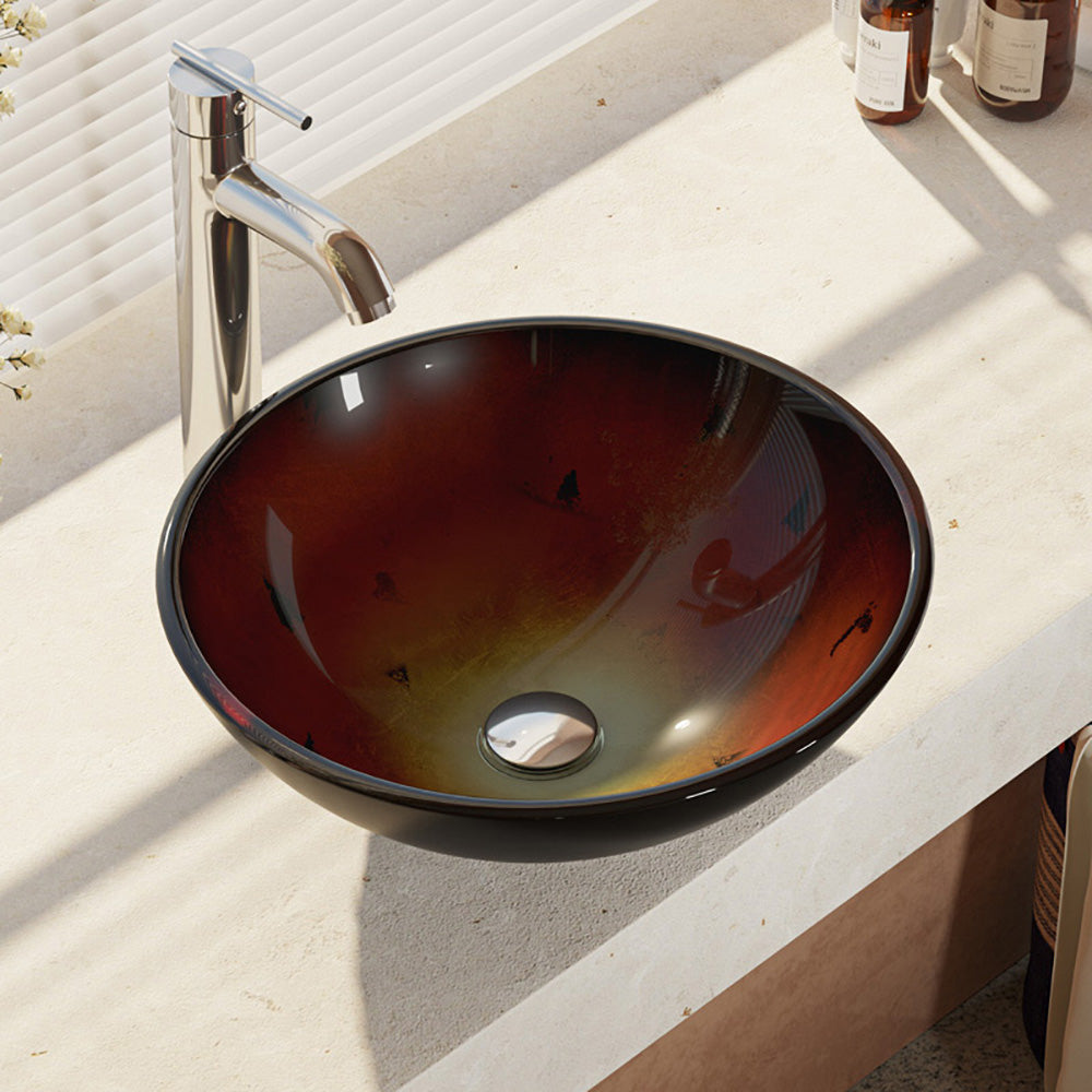 Alternate Image for Rene 17" Round Glass Bathroom Sink, Gradient Red, with Faucet, R5-5007-R9-7001-C