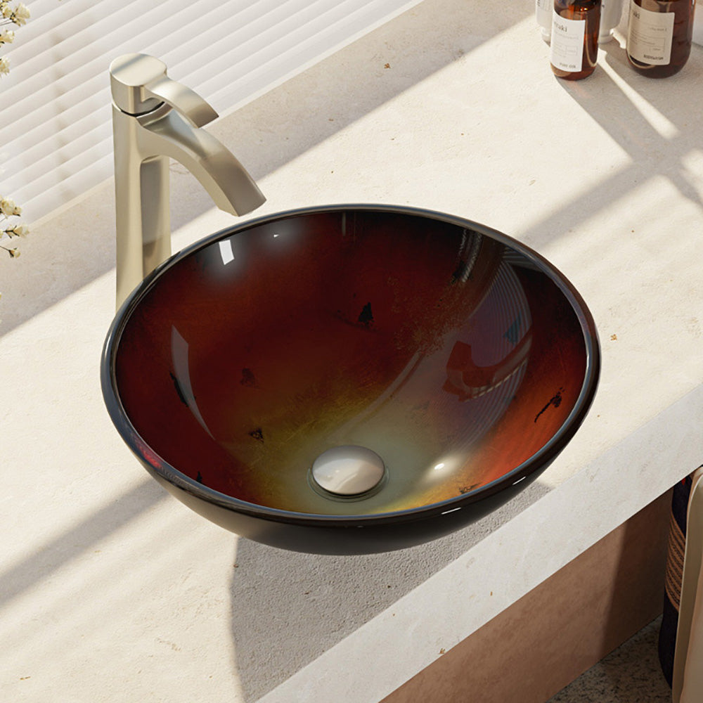Alternate Image for Rene 17" Round Glass Bathroom Sink, Gradient Red, with Faucet, R5-5007-R9-7006-BN