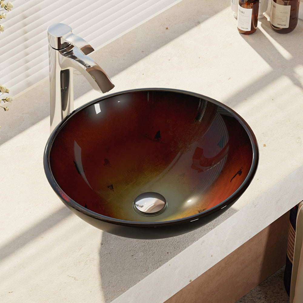 Alternate Image for Rene 17" Round Glass Bathroom Sink, Gradient Red, with Faucet, R5-5007-R9-7006-C