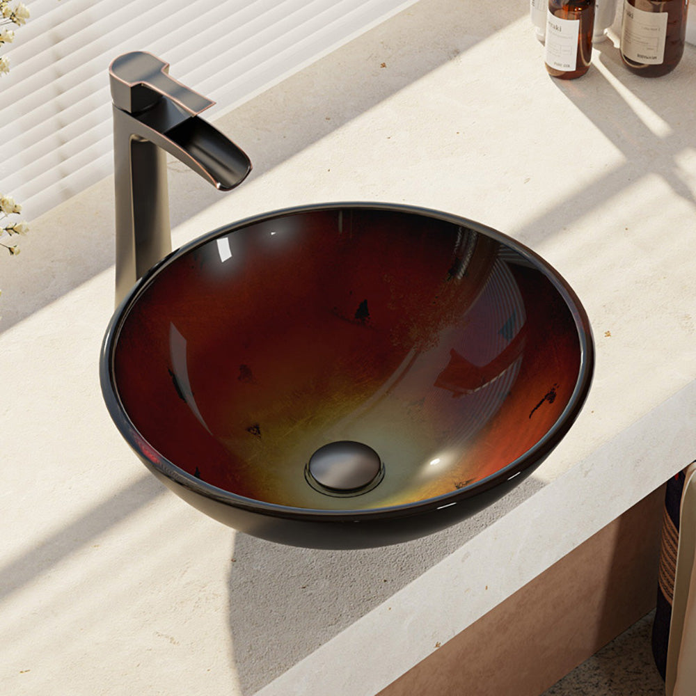 Alternate Image for Rene 17" Round Glass Bathroom Sink, Gradient Red, with Faucet, R5-5007-R9-7007-ABR