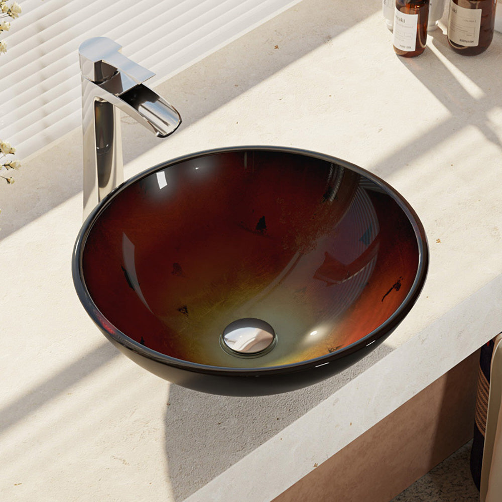 Alternate Image for Rene 17" Round Glass Bathroom Sink, Gradient Red, with Faucet, R5-5007-R9-7007-C