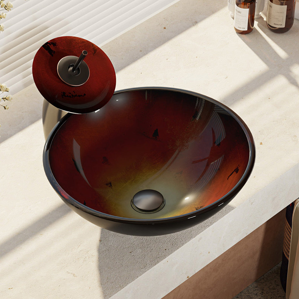 Alternate Image for Rene 17" Round Glass Bathroom Sink, Gradient Red, with Faucet, R5-5007-WF-ABR