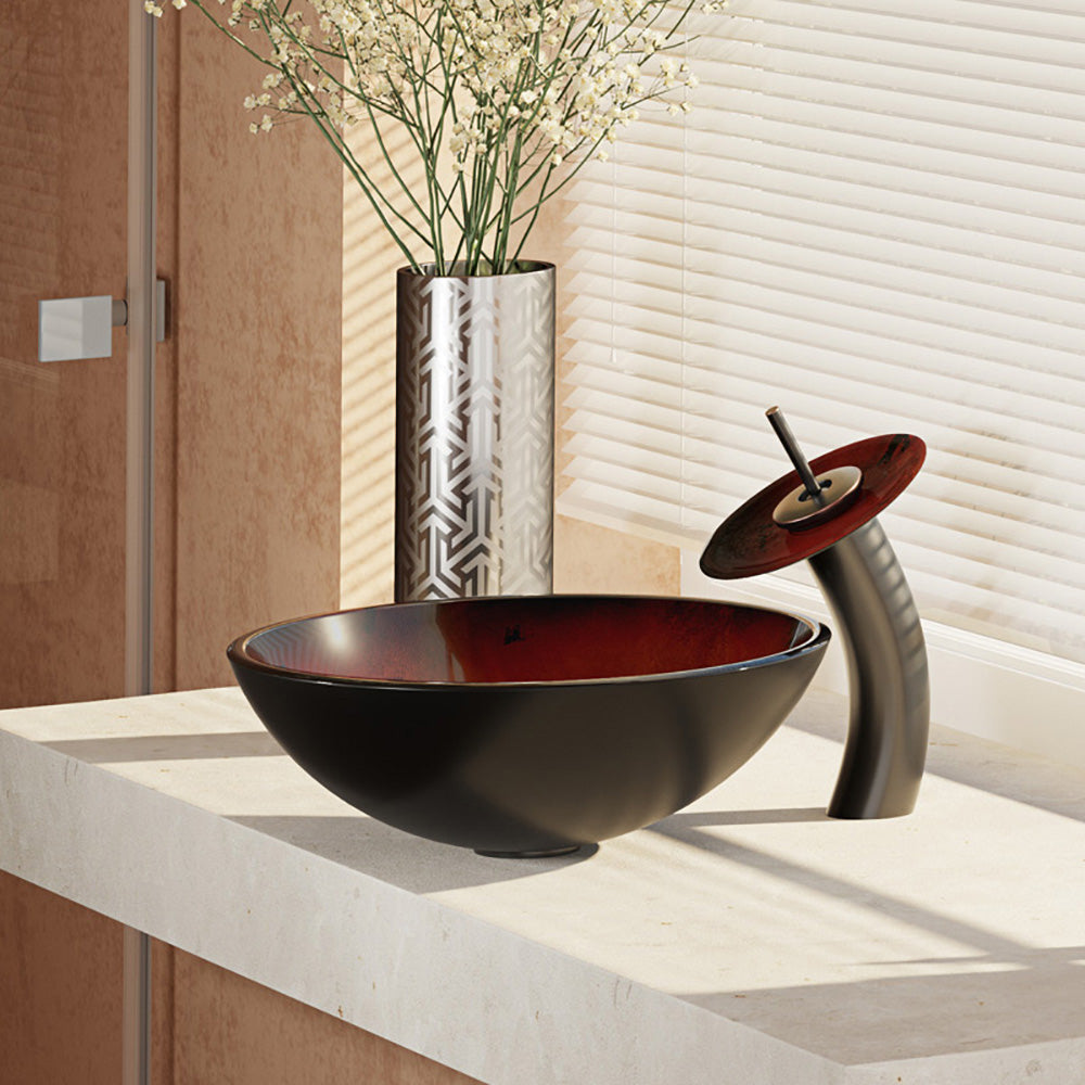 Alternate Image for Rene 17" Round Glass Bathroom Sink, Gradient Red, with Faucet, R5-5007-WF-ABR