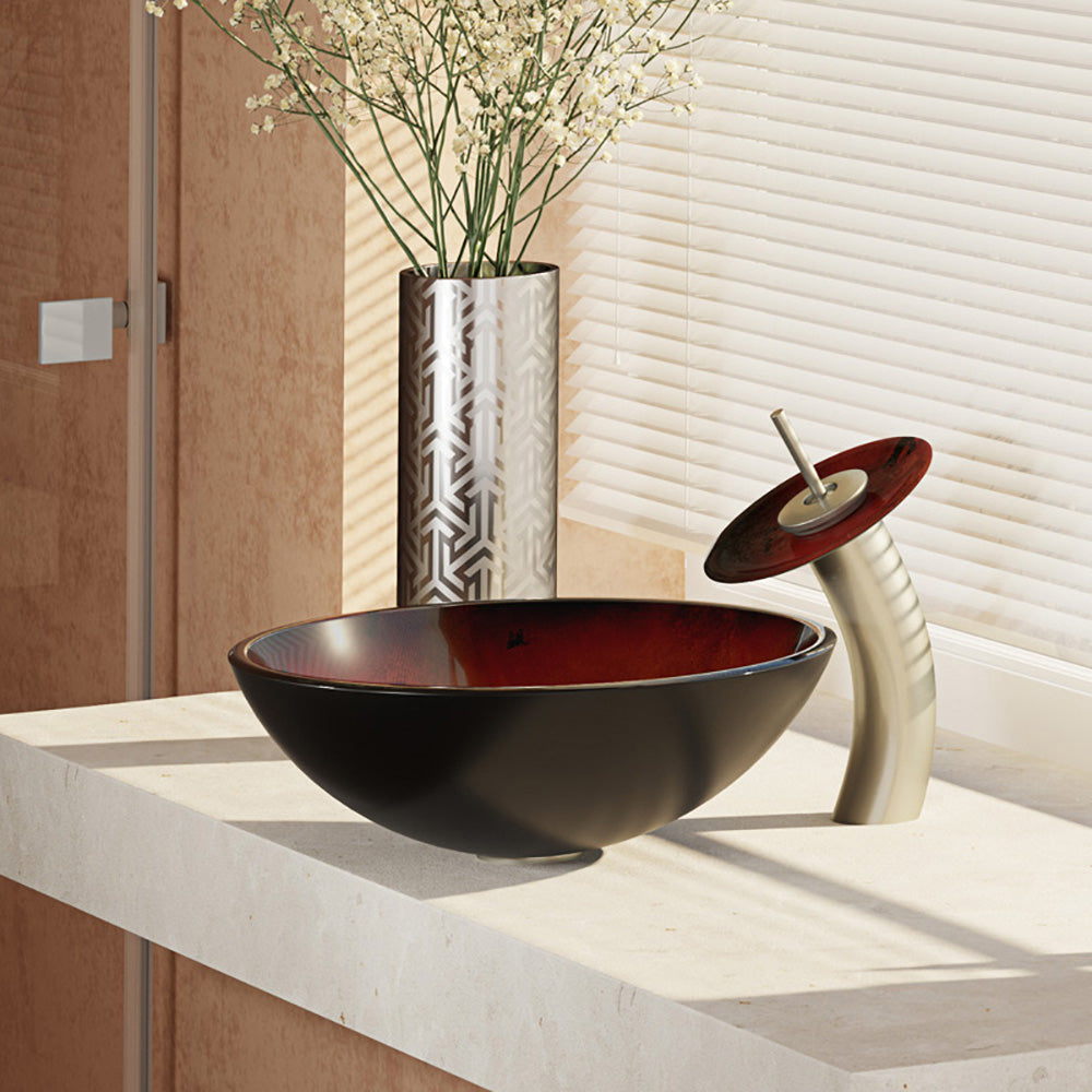 Alternate Image for Rene 17" Round Glass Bathroom Sink, Gradient Red, with Faucet, R5-5007-WF-BN