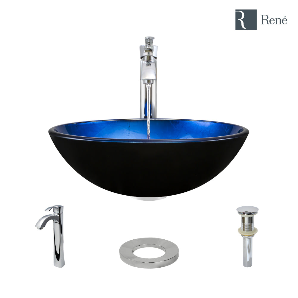 Rene 17" Round Glass Bathroom Sink, Gradient Blue, with Faucet, R5-5008-R9-7006-C