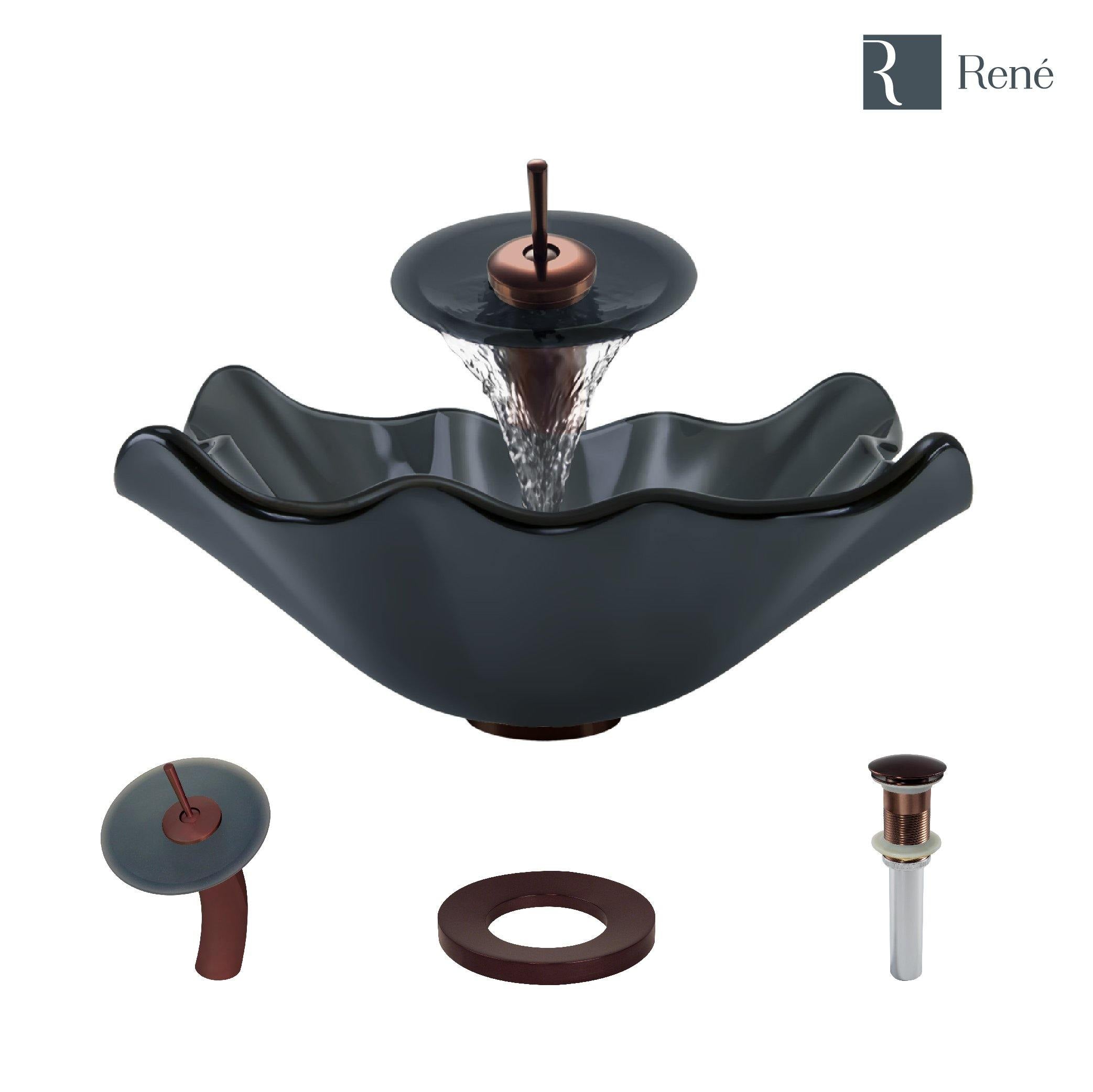 Rene 17" Specialty Glass Bathroom Sink, Smoky Black, with Faucet, R5-5012-WF-ORB