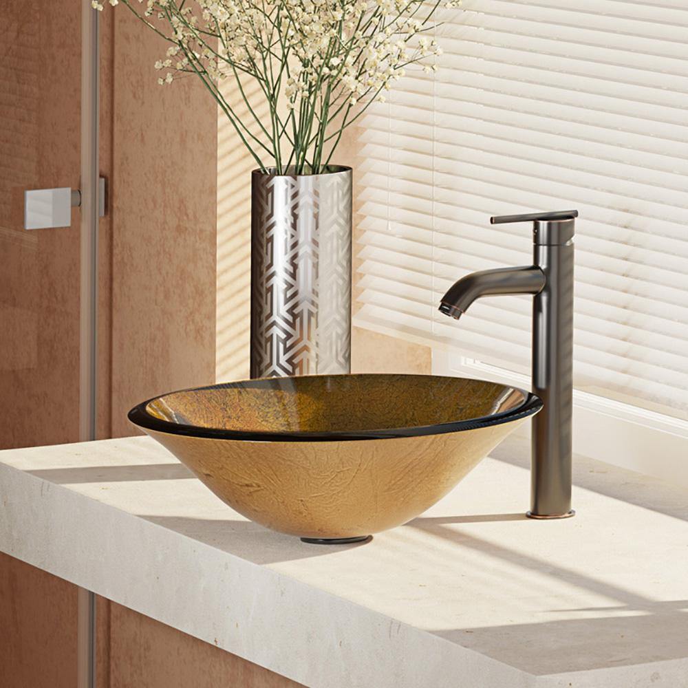 Alternate Image for Rene 18" Round Glass Bathroom Sink, Orange Gold Foil, with Faucet, R5-5013-R9-7001-ABR