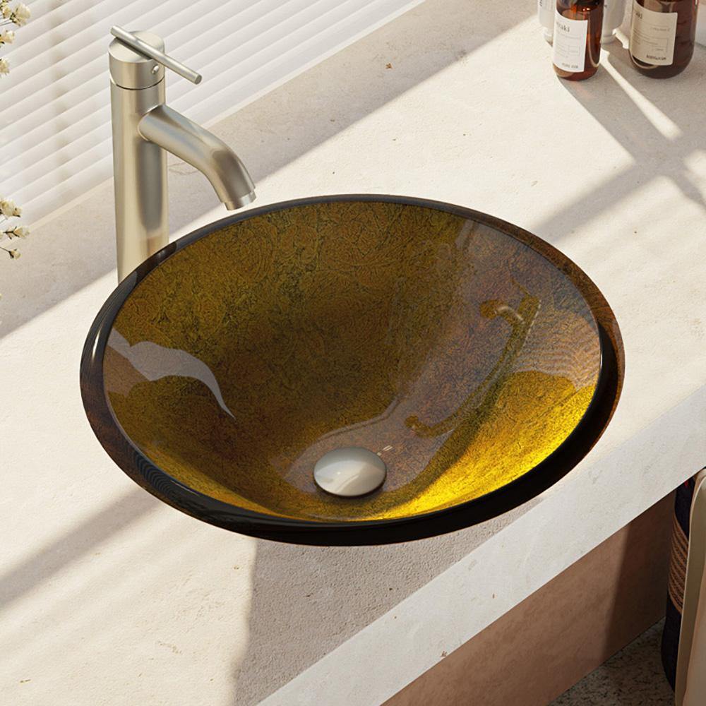 Alternate Image for Rene 18" Round Glass Bathroom Sink, Orange Gold Foil, with Faucet, R5-5013-R9-7001-BN