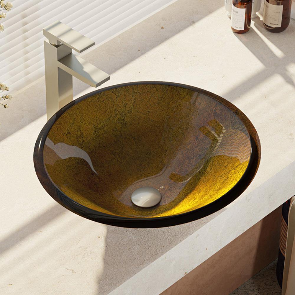 Alternate Image for Rene 18" Round Glass Bathroom Sink, Orange Gold Foil, with Faucet, R5-5013-R9-7003-BN