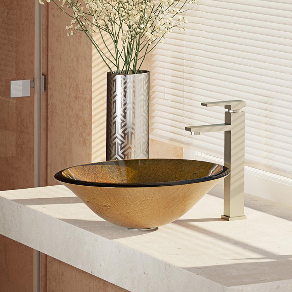 Alternate Image for Rene 18" Round Glass Bathroom Sink, Orange Gold Foil, with Faucet, R5-5013-R9-7003-BN