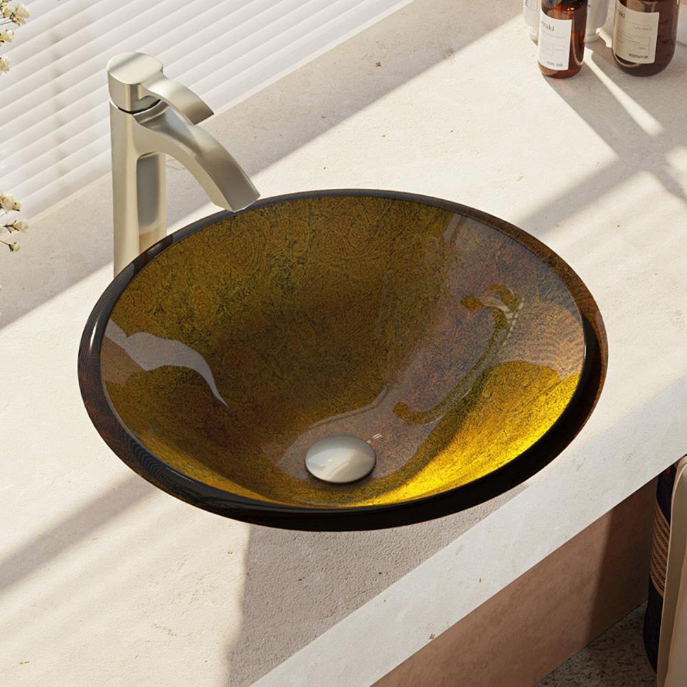 Alternate Image for Rene 18" Round Glass Bathroom Sink, Orange Gold Foil, with Faucet, R5-5013-R9-7006-BN