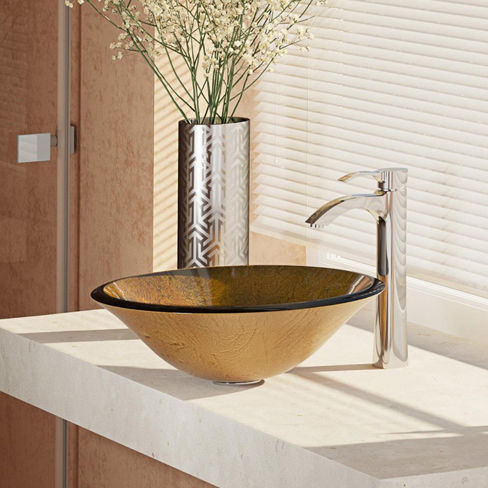 Alternate Image for Rene 18" Round Glass Bathroom Sink, Orange Gold Foil, with Faucet, R5-5013-R9-7006-C