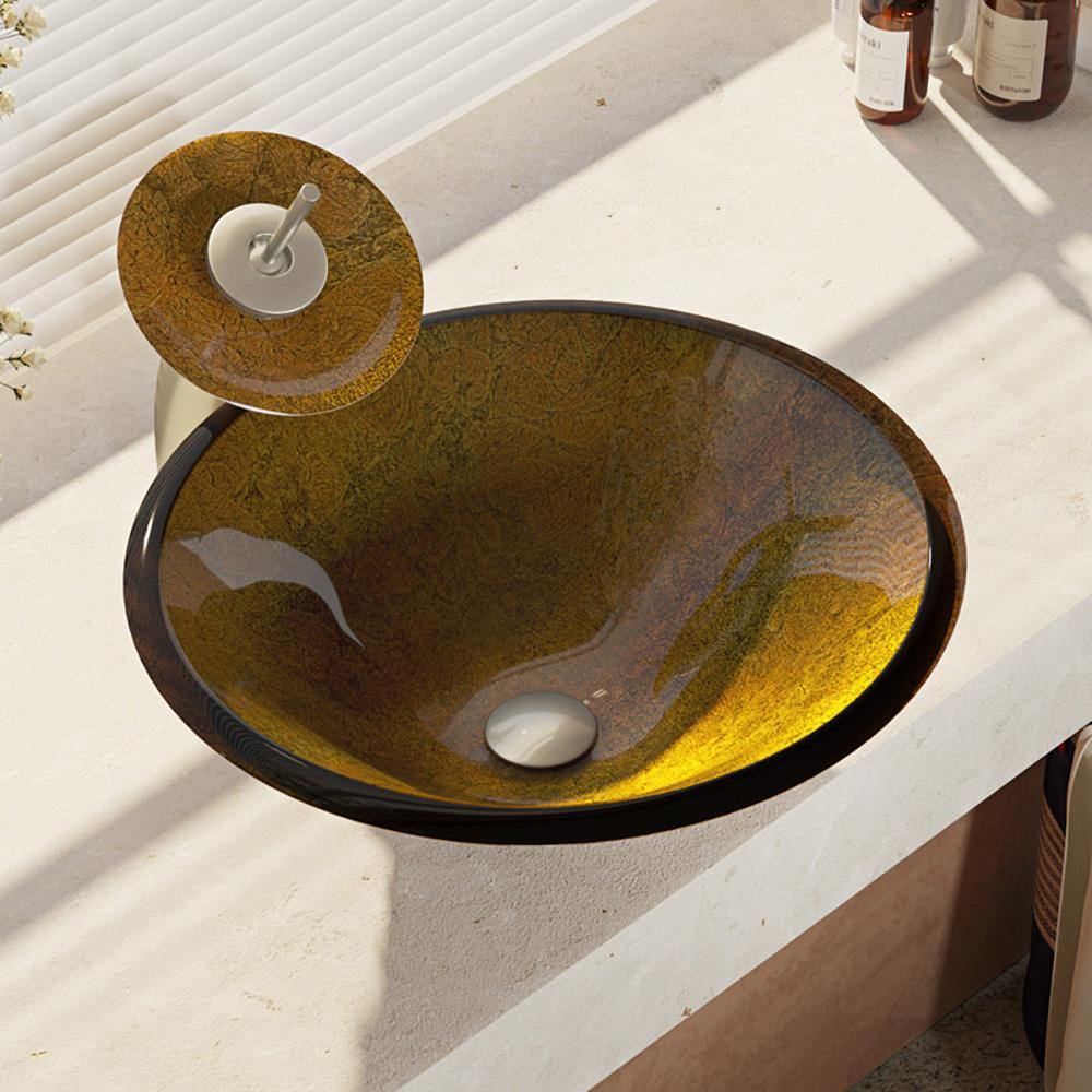 Alternate Image for Rene 18" Round Glass Bathroom Sink, Orange Gold Foil, with Faucet, R5-5013-WF-BN