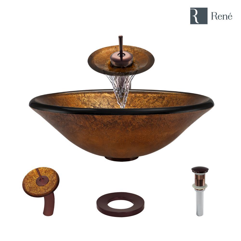 Rene 18" Round Glass Bathroom Sink, Orange Gold Foil, with Faucet, R5-5013-WF-ORB