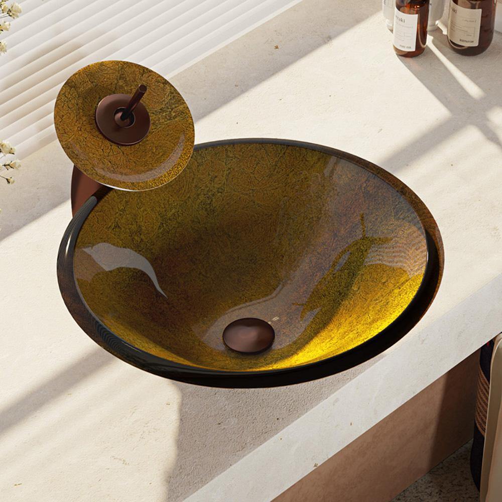 Alternate Image for Rene 18" Round Glass Bathroom Sink, Orange Gold Foil, with Faucet, R5-5013-WF-ORB