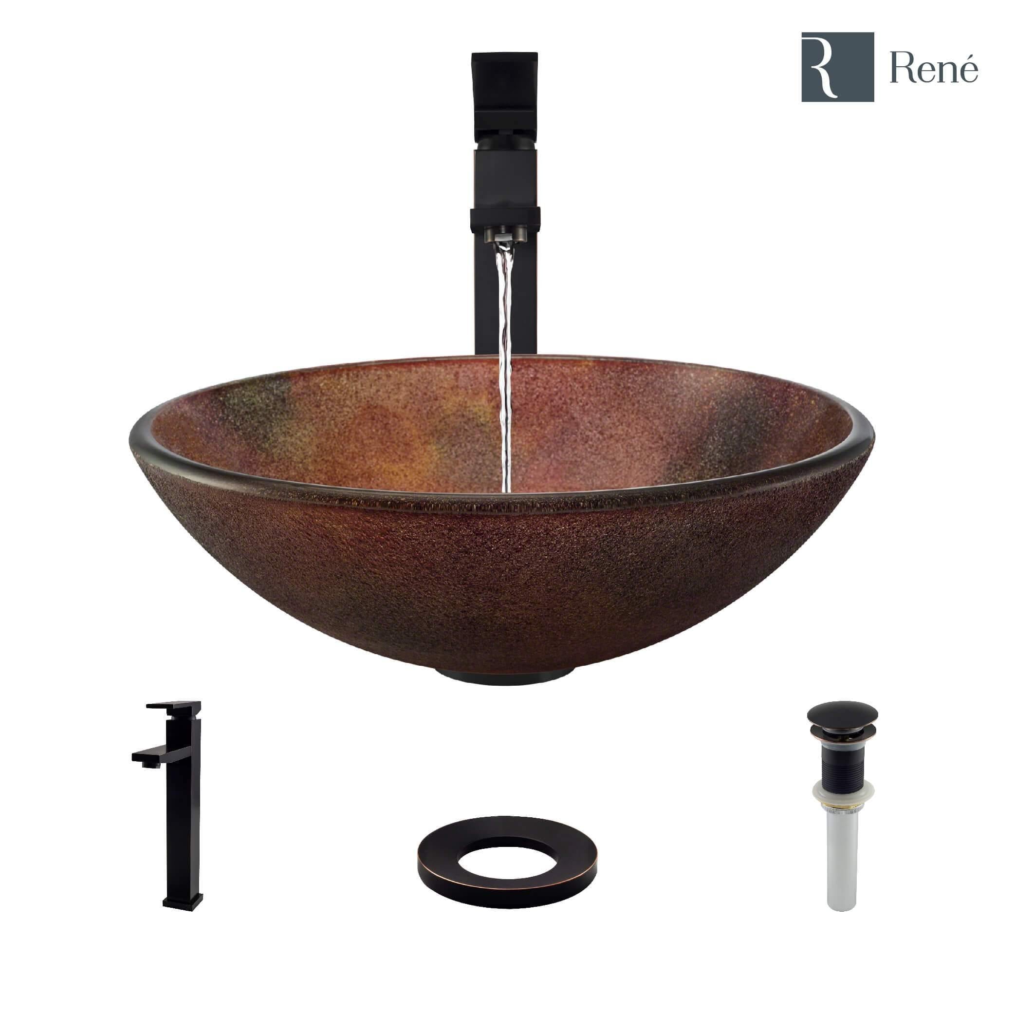 Rene 17" Round Glass Bathroom Sink, Multi-Color, with Faucet, R5-5014-R9-7003-ABR