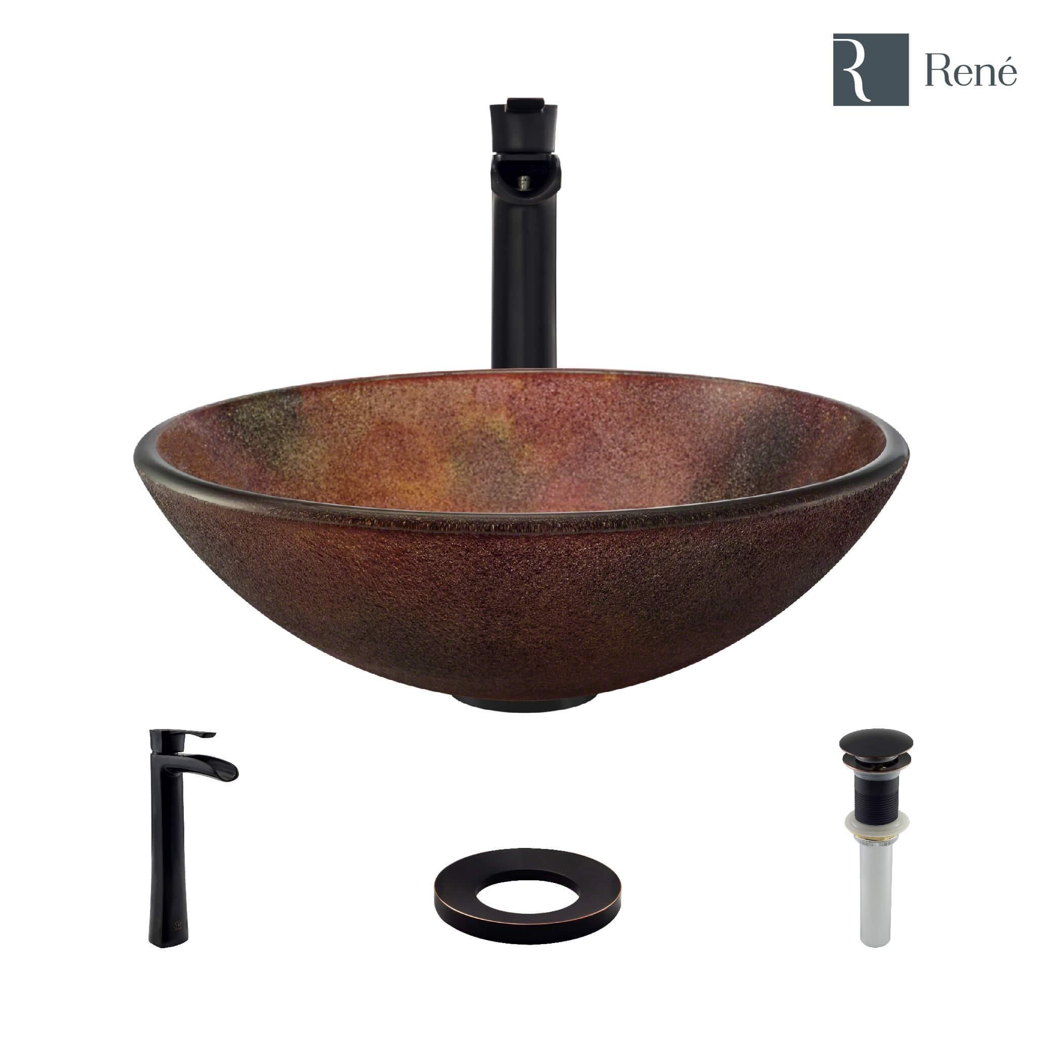 Rene 17" Round Glass Bathroom Sink, Multi-Color, with Faucet, R5-5014-R9-7007-ABR
