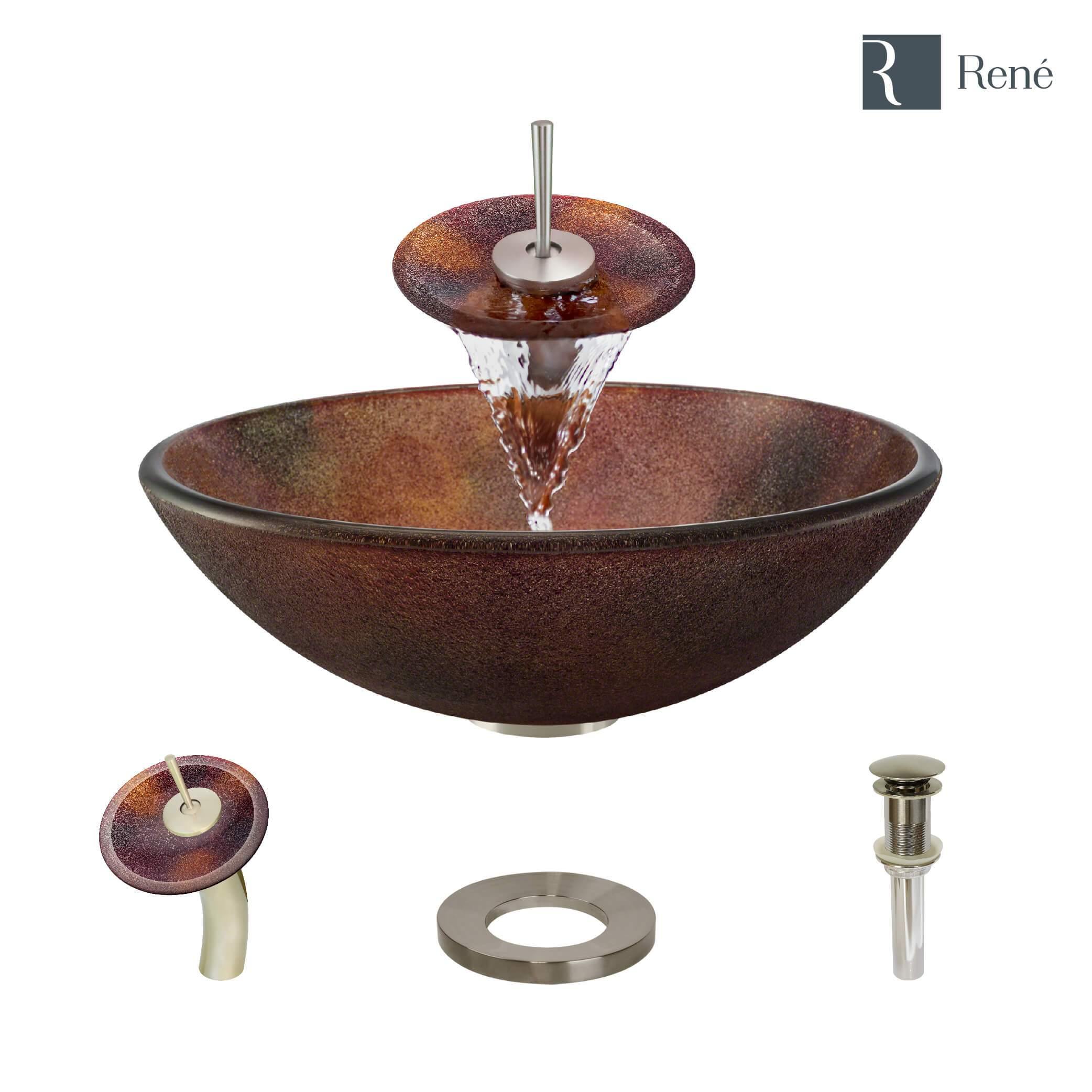 Rene 17" Round Glass Bathroom Sink, Multi-Color, with Faucet, R5-5014-WF-BN
