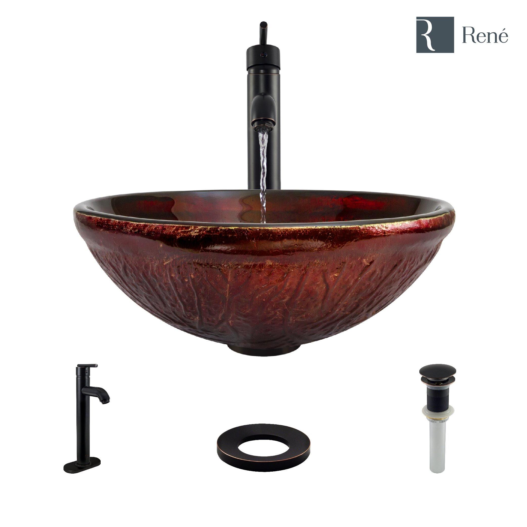 Rene 17" Round Glass Bathroom Sink, Fiery Red, with Faucet, R5-5018-R9-7001-ABR