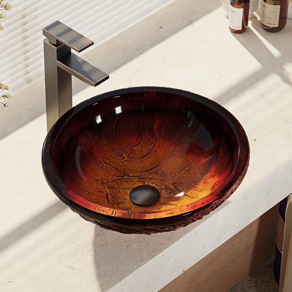 Alternate Image for Rene 17" Round Glass Bathroom Sink, Fiery Red, with Faucet, R5-5018-R9-7003-ABR