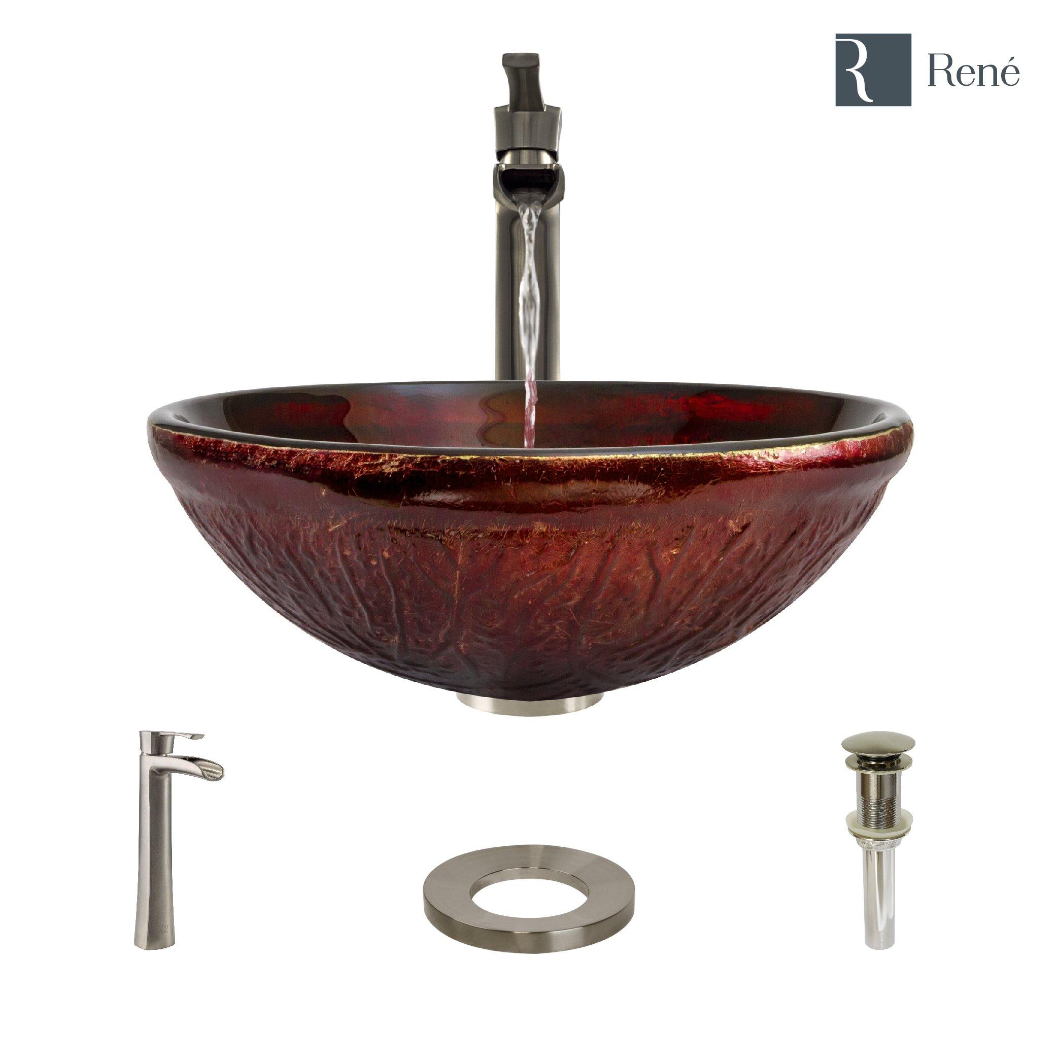 Rene 17" Round Glass Bathroom Sink, Fiery Red, with Faucet, R5-5018-R9-7007-BN