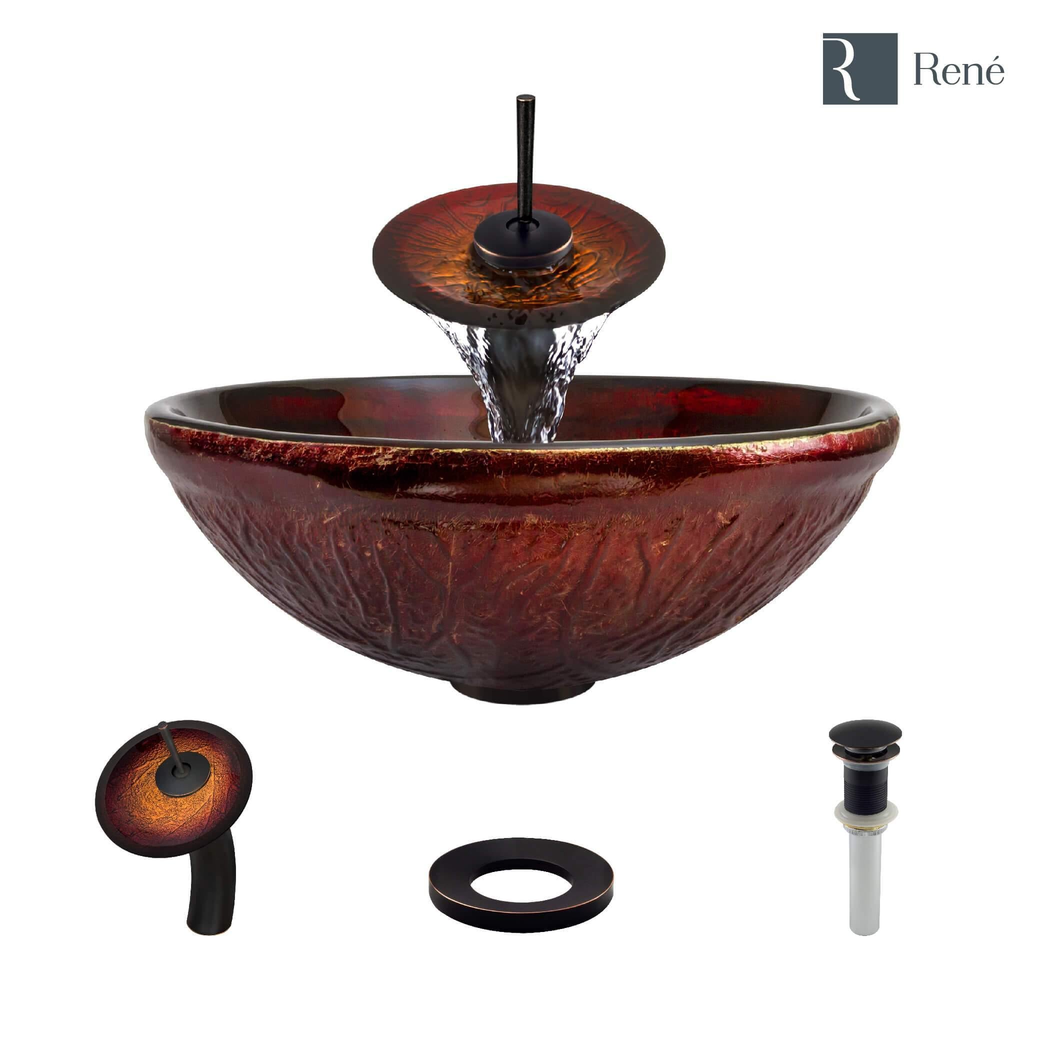 Rene 17" Round Glass Bathroom Sink, Fiery Red, with Faucet, R5-5018-WF-ABR