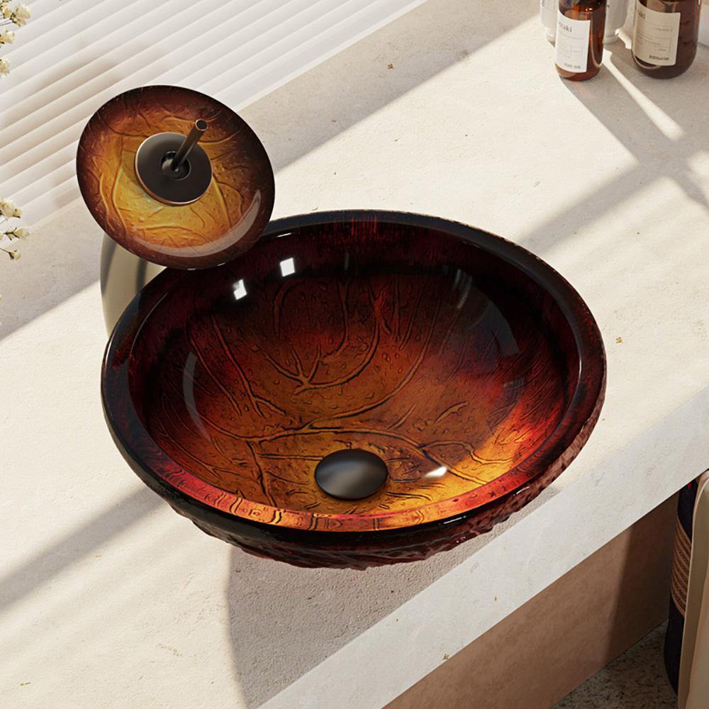 Alternate Image for Rene 17" Round Glass Bathroom Sink, Fiery Red, with Faucet, R5-5018-WF-ABR