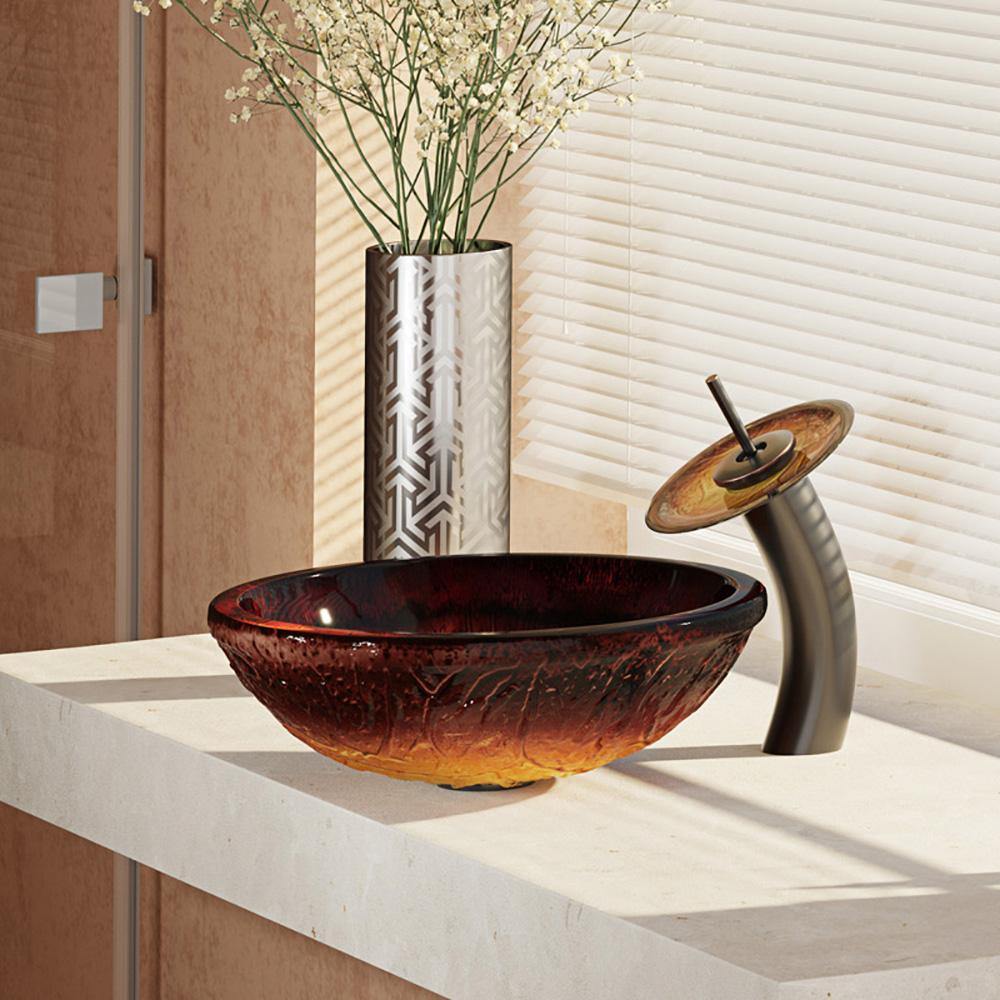 Alternate Image for Rene 17" Round Glass Bathroom Sink, Fiery Red, with Faucet, R5-5018-WF-ABR