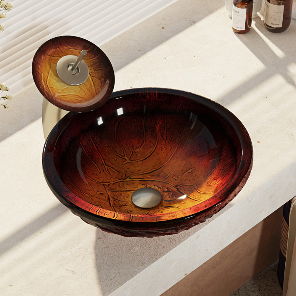Alternate Image for Rene 17" Round Glass Bathroom Sink, Fiery Red, with Faucet, R5-5018-WF-BN