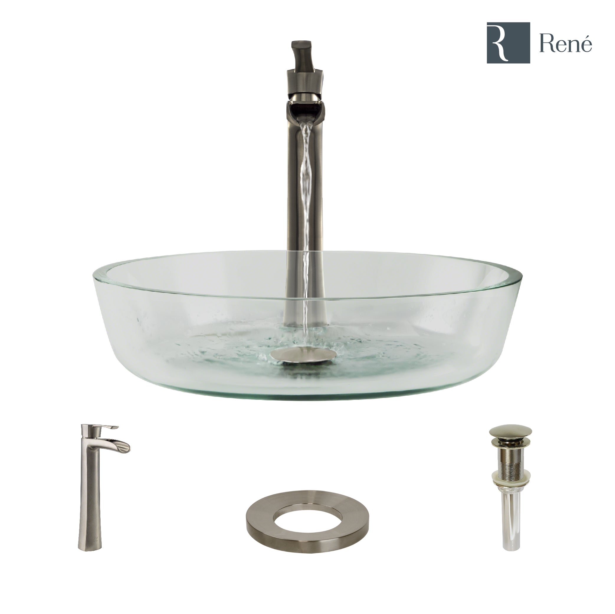 Rene 17" Round Glass Bathroom Sink, Crystal, with Faucet, R5-5024-R9-7007-BN