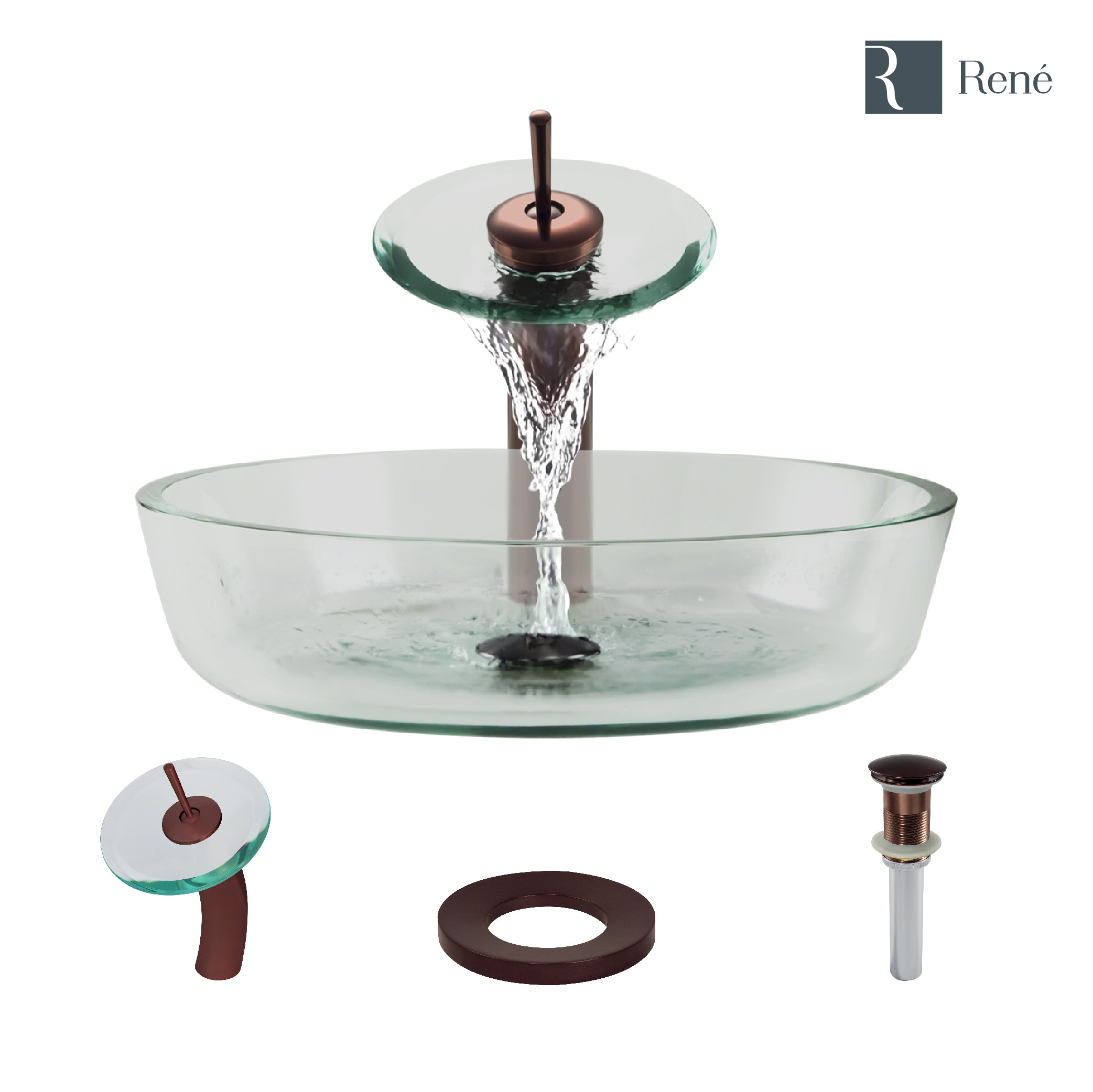 Rene 17" Round Glass Bathroom Sink, Crystal, with Faucet, R5-5024-WF-ORB