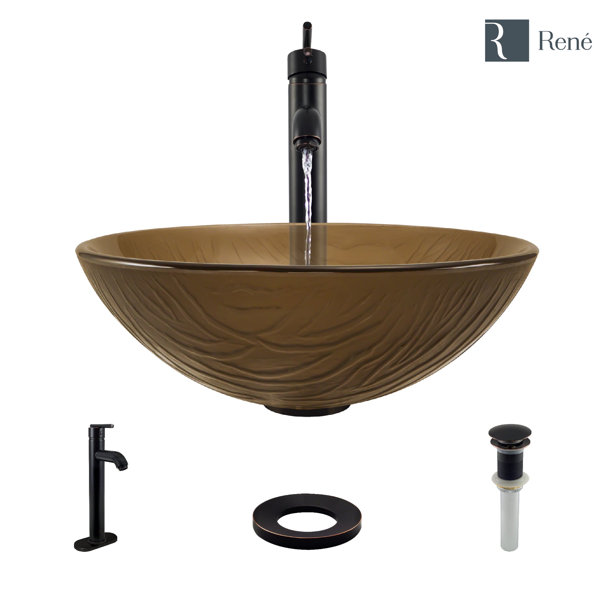 Rene 17" Round Glass Bathroom Sink, Beach Sand, with Faucet, R5-5025-R9-7001-ABR