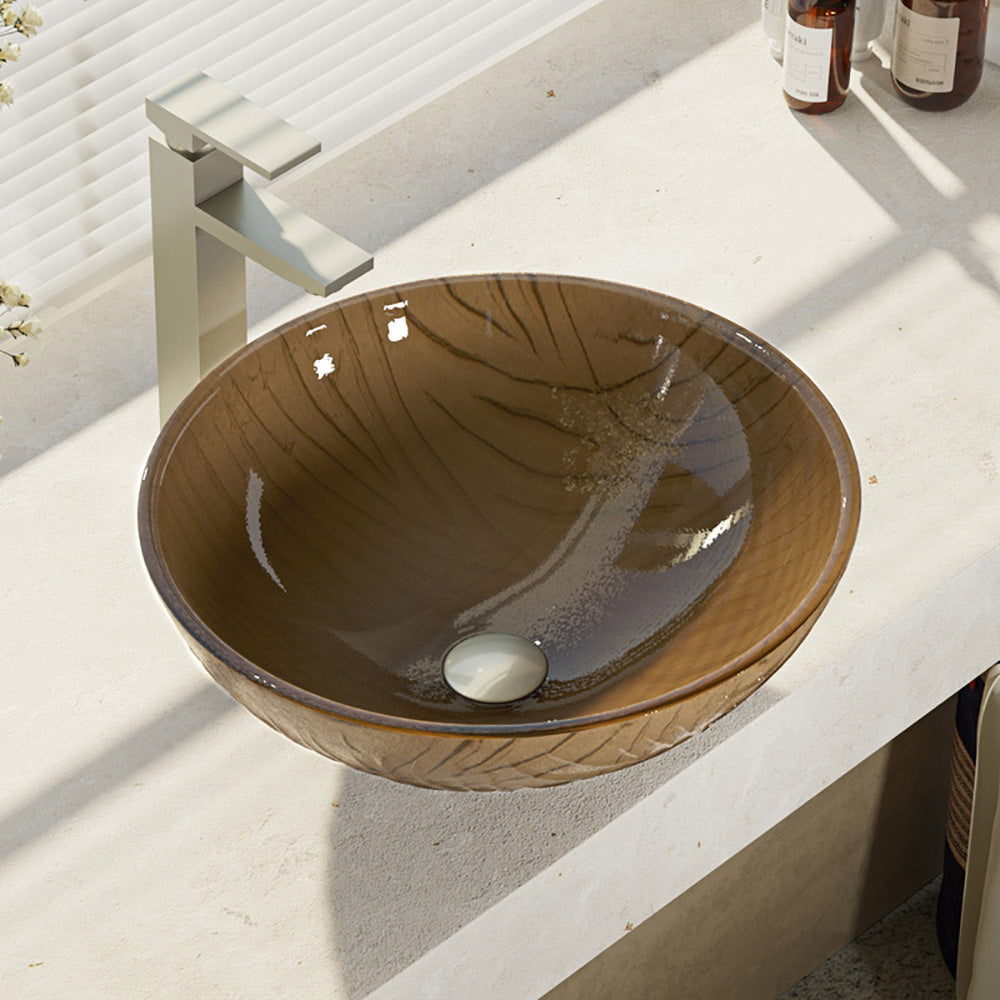 Alternate Image for Rene 17" Round Glass Bathroom Sink, Beach Sand, with Faucet, R5-5025-R9-7003-BN