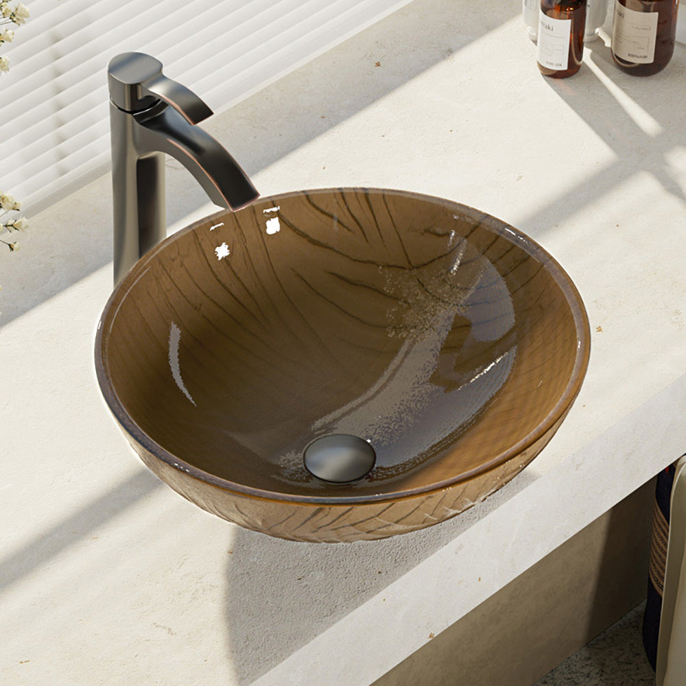 Alternate Image for Rene 17" Round Glass Bathroom Sink, Beach Sand, with Faucet, R5-5025-R9-7006-ABR