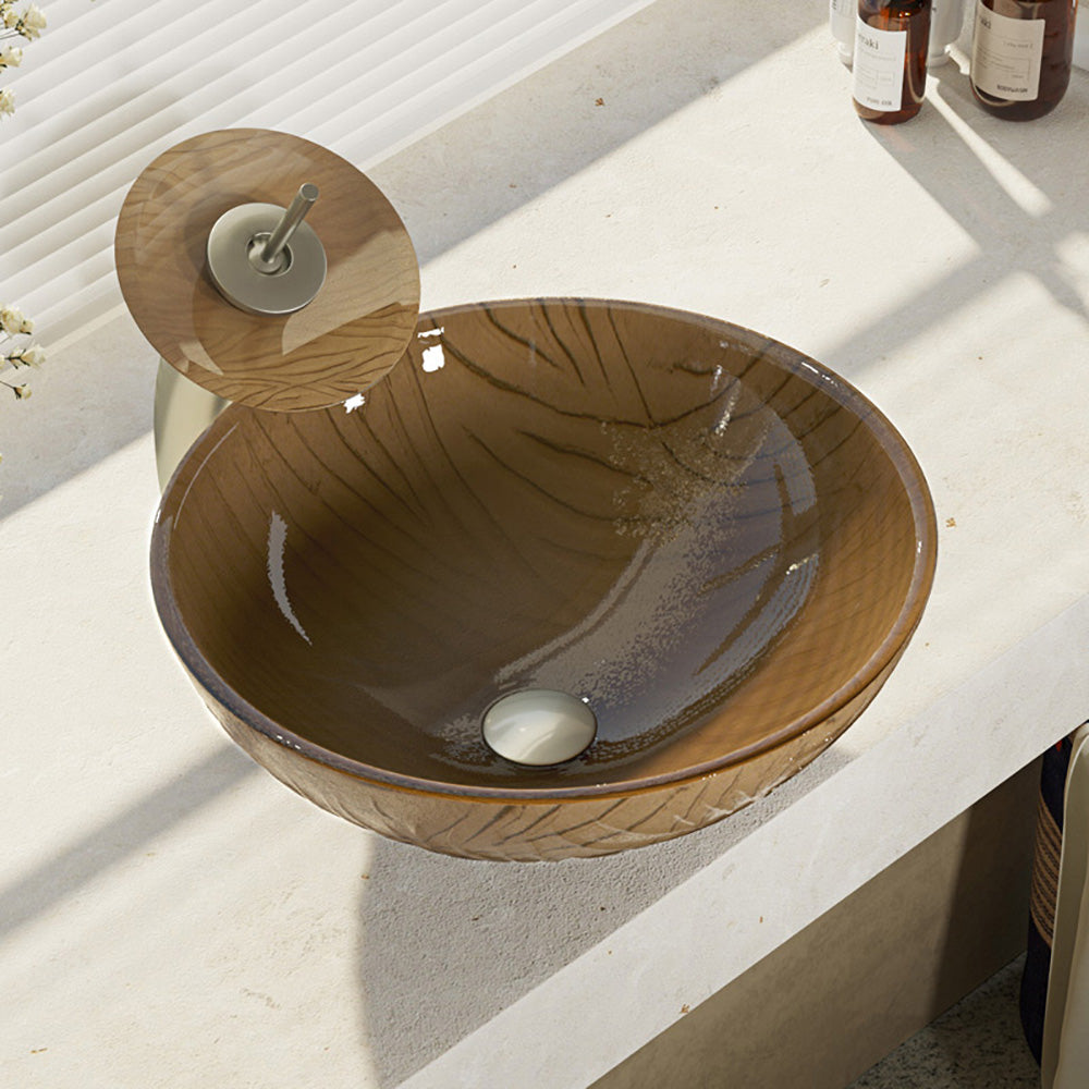 Alternate Image for Rene 17" Round Glass Bathroom Sink, Beach Sand, with Faucet, R5-5025-WF-BN