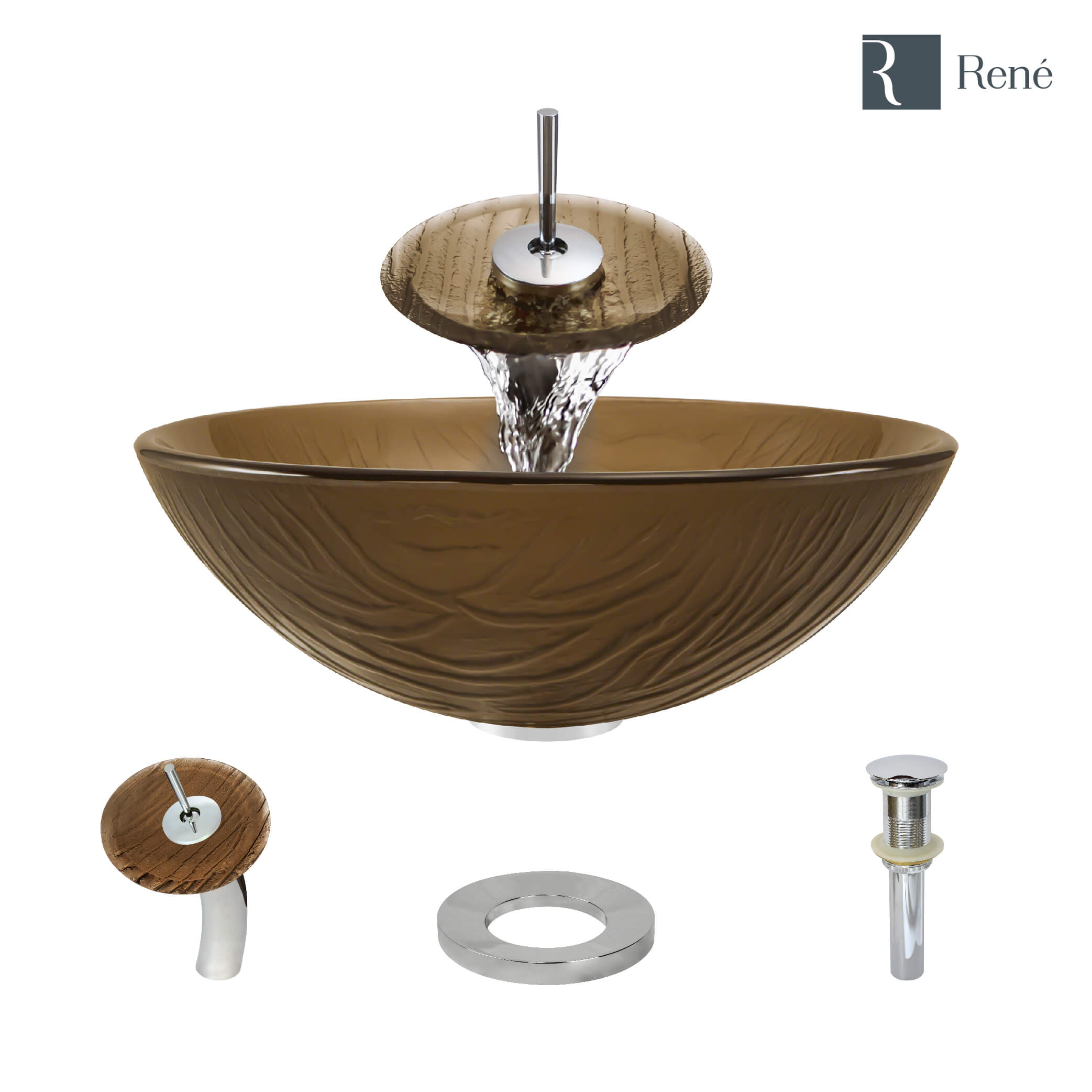 Rene 17" Round Glass Bathroom Sink, Beach Sand, with Faucet, R5-5025-WF-C