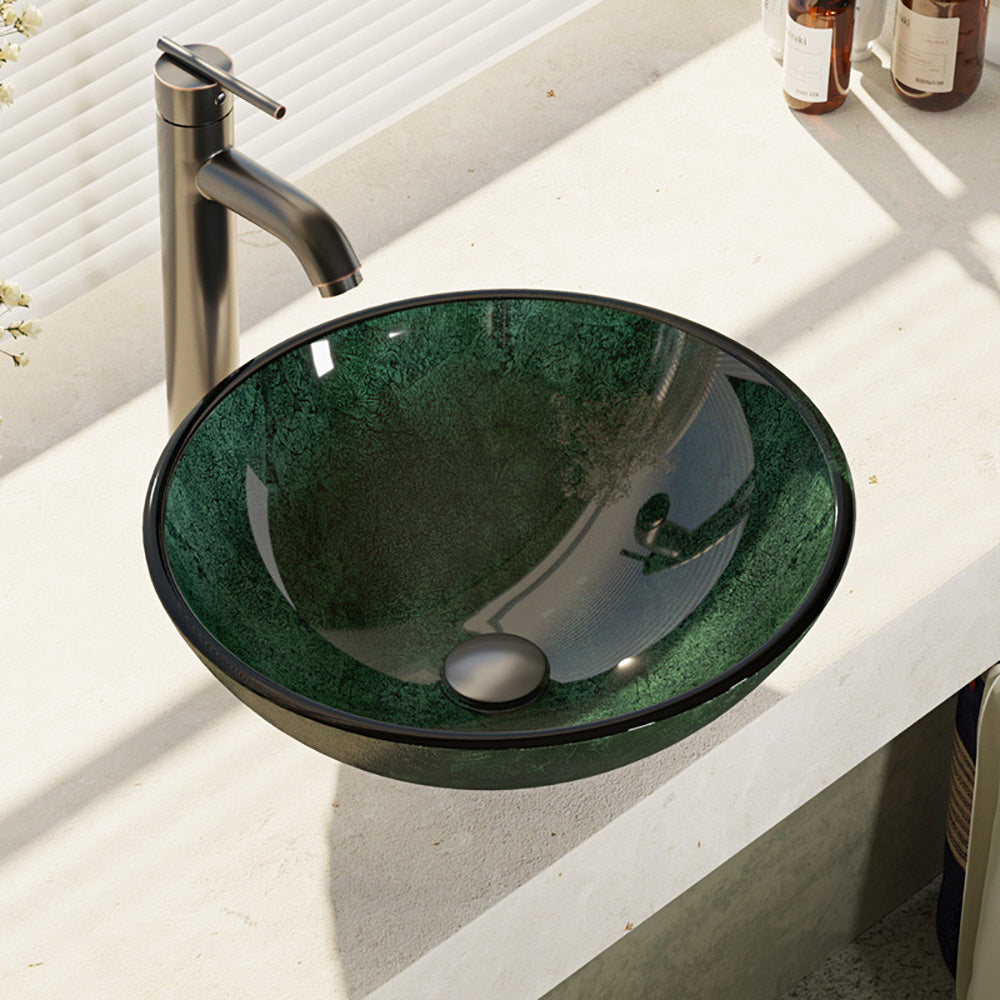 Alternate Image for Rene 17" Round Glass Bathroom Sink, Forest Green, with Faucet, R5-5027-R9-7001-ABR