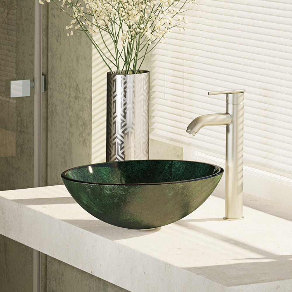 Alternate Image for Rene 17" Round Glass Bathroom Sink, Forest Green, with Faucet, R5-5027-R9-7001-BN