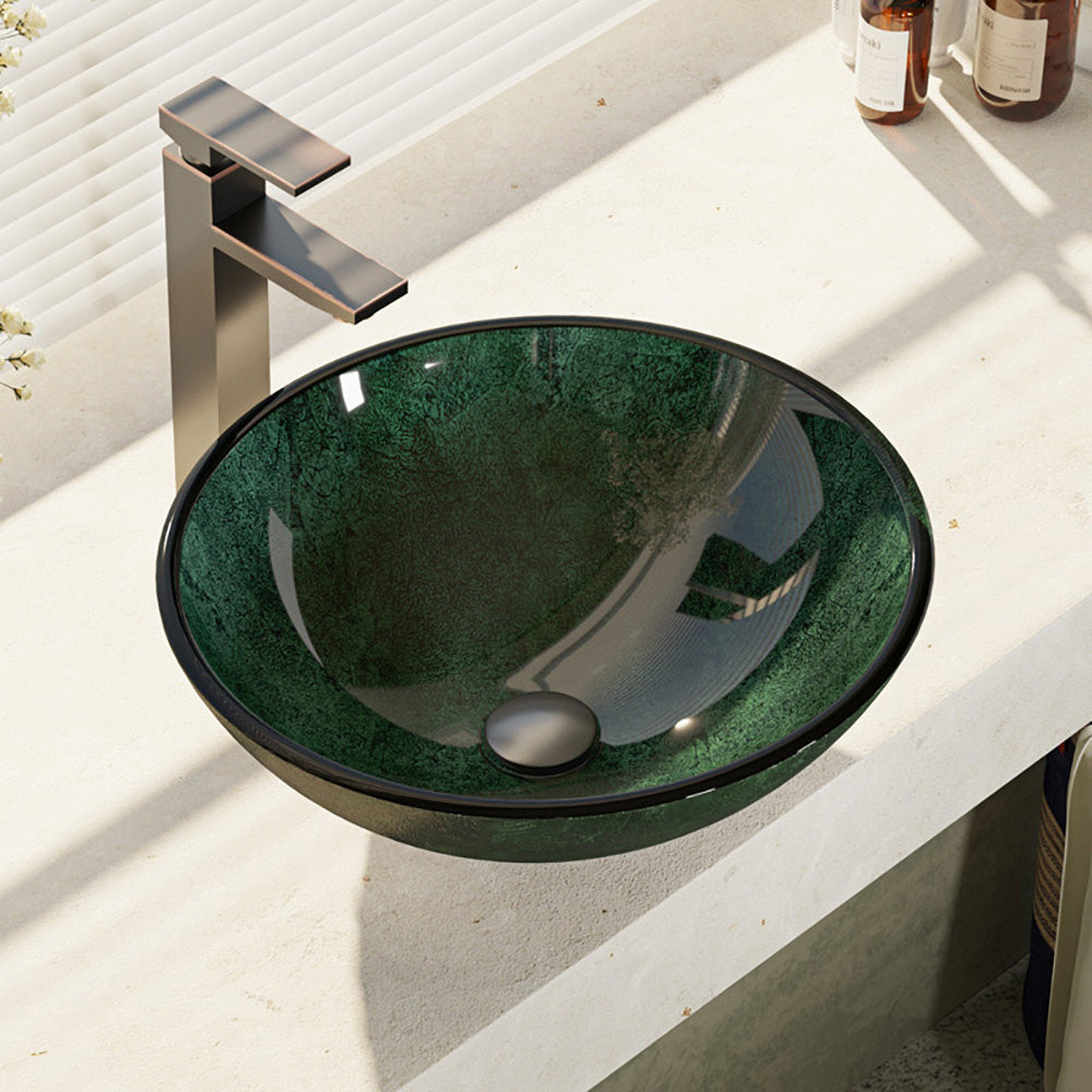 Alternate Image for Rene 17" Round Glass Bathroom Sink, Forest Green, with Faucet, R5-5027-R9-7003-ABR