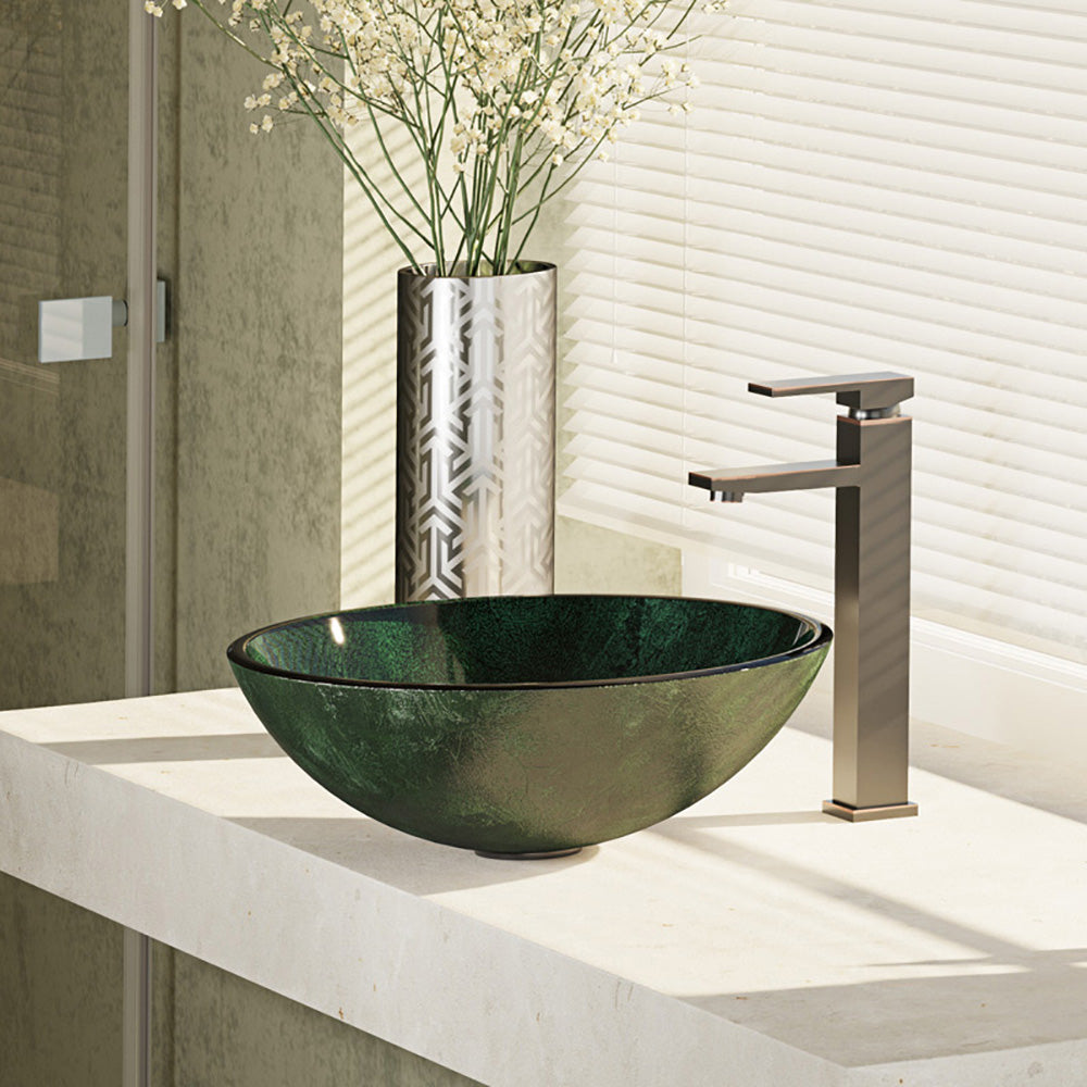 Alternate Image for Rene 17" Round Glass Bathroom Sink, Forest Green, with Faucet, R5-5027-R9-7003-ABR