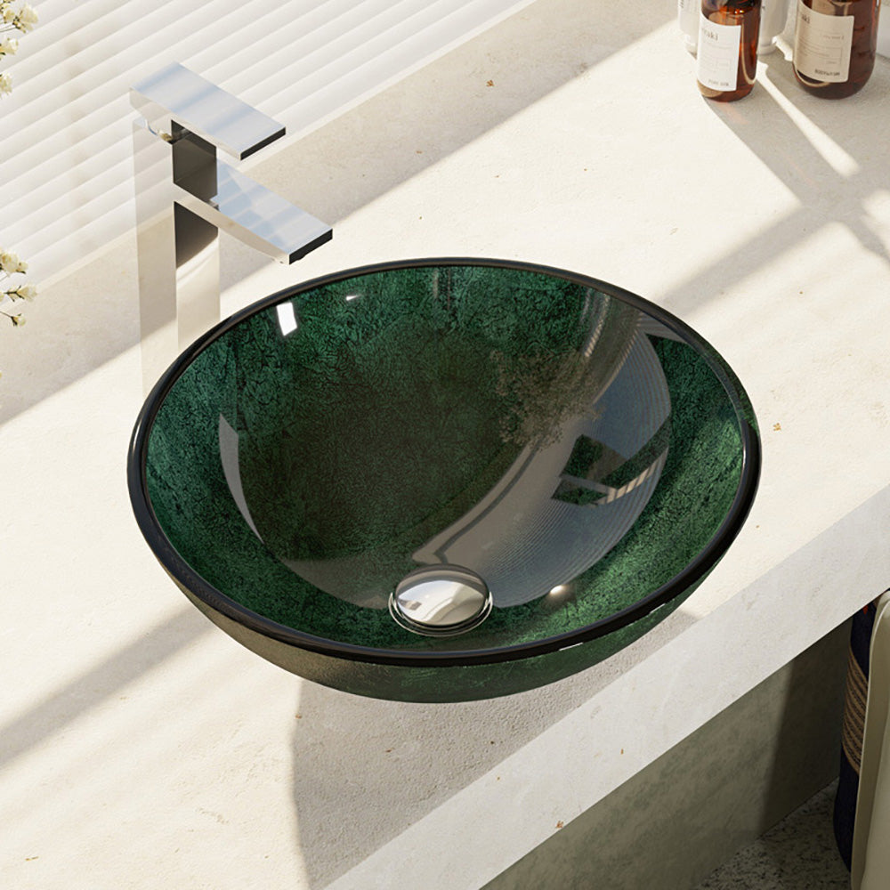 Alternate Image for Rene 17" Round Glass Bathroom Sink, Forest Green, with Faucet, R5-5027-R9-7003-C