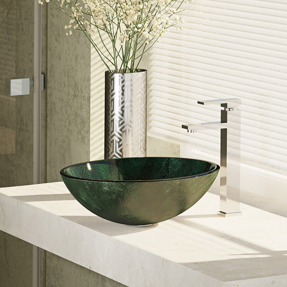 Alternate Image for Rene 17" Round Glass Bathroom Sink, Forest Green, with Faucet, R5-5027-R9-7003-C