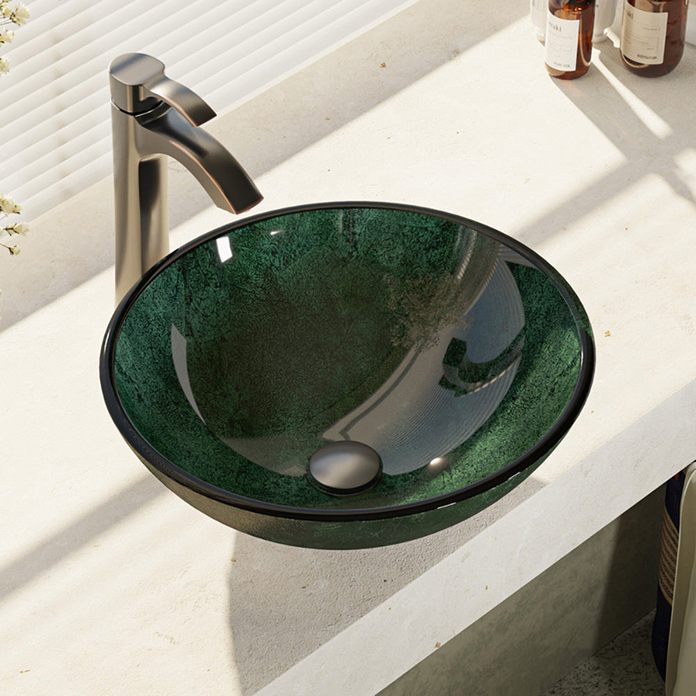 Alternate Image for Rene 17" Round Glass Bathroom Sink, Forest Green, with Faucet, R5-5027-R9-7006-ABR