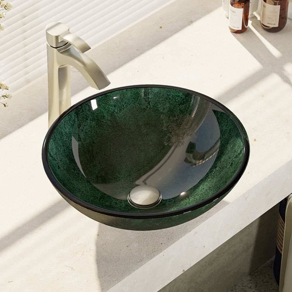 Alternate Image for Rene 17" Round Glass Bathroom Sink, Forest Green, with Faucet, R5-5027-R9-7006-BN